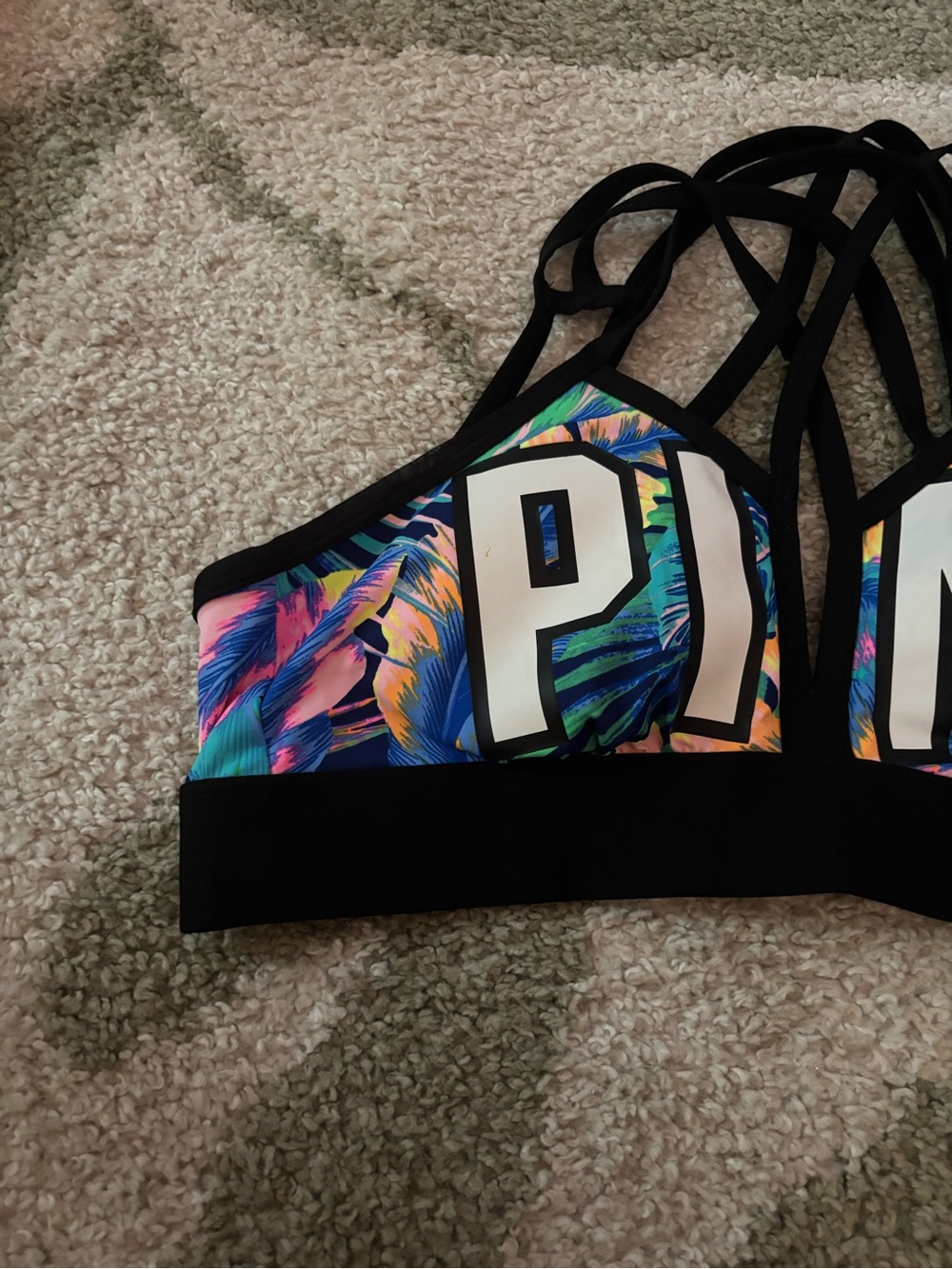 Victoria's Secret PINK Multicolor Neon Tropical Sports Bra with Black Trim - Picture 4 of 10